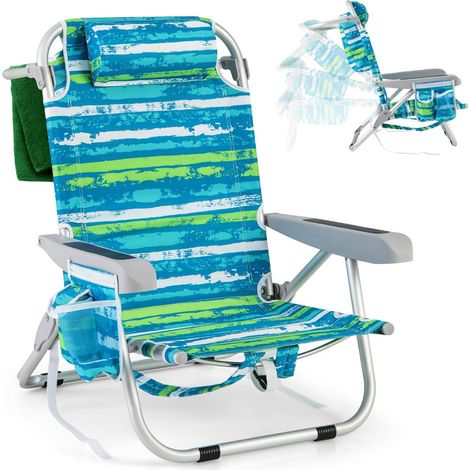 Conjunto de sillas de playa plegables ajustables con reposacabezas y almacenamiento.