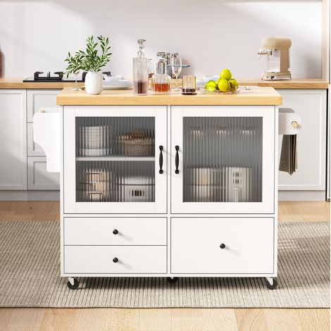 Meuble de cuisine mobile extensible sur roulettes, range-verres, blanc HAVRYA (1/5)