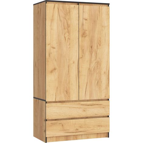 Armoire 2 Portes Armoir Chambre 2 Tiroirs avec Etagères et Une Tringle 90x180x51 cm Panneau Stratifié 16mm Armoire sans Penderie Chambre Dressing Rangement Placard Chêne Artisanal (1/5)