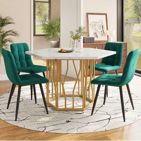 Set tavolo e sedie 5 pezzi, tavolo esagonale effetto marmo, verde HAVRYA (1/5)