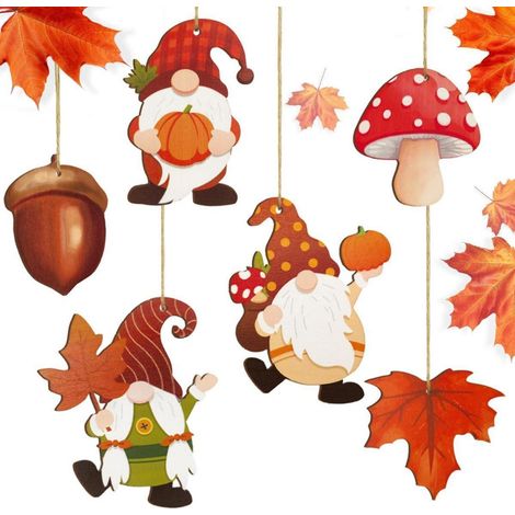 Holzanhänger Herbst Deko 12er Set Wichtel Pilz Ahornblatt Eichel zum Aufhängen