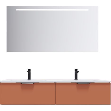 Meuble de salle de bain suspendu double vasque intégrée 140cm 2 tiroirs Terracotta + miroir - Soho (1/5)