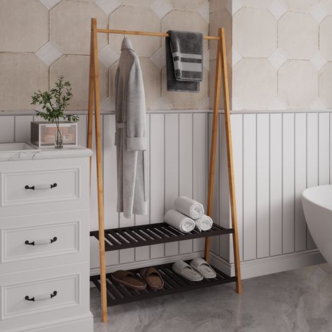 Porte-vêtements en bambou 2 niveaux, étagère à chaussures intégrée, tringle solide, meuble de rangement pour entrée, chambre ou dressing ouvert. Séchoir à linge avec barre, armoire ouverte multifoncti (1/5)