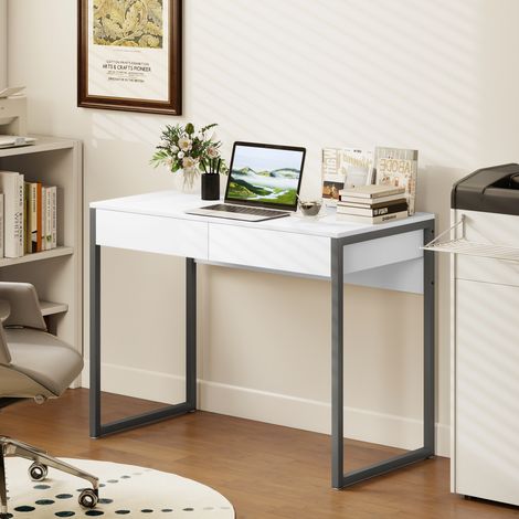 Schreibtisch mit 2 Schubladen, 100 x 50 x 75 cm, Computertisch mit Stahlbeinen, für kleine Räume, Hochglanzweiß