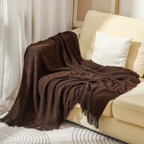 Couverture décorative robuste et douce en maille, ornée de pompons, idéale pour un canapé-lit. Douce, chaude et confortable, elle est légère pour le printemps et l'été (130 cm x 230 cm) - marron - 130 (1/5)