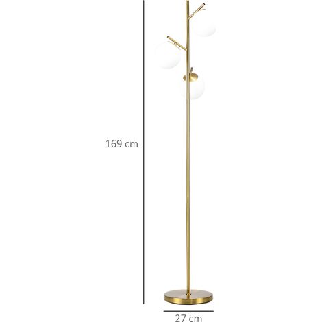 Lampadaire moderne (3 lumières) en acier et verre, diamètre 27 cm x hauteur 159 cm, doré (1/5)