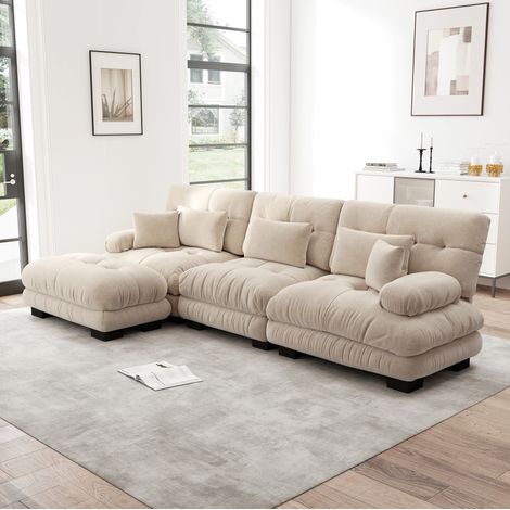 Divano modulare in ciniglia color caffè chiaro con pouf mobili, configurazione ad angolo o lineare (1/5)