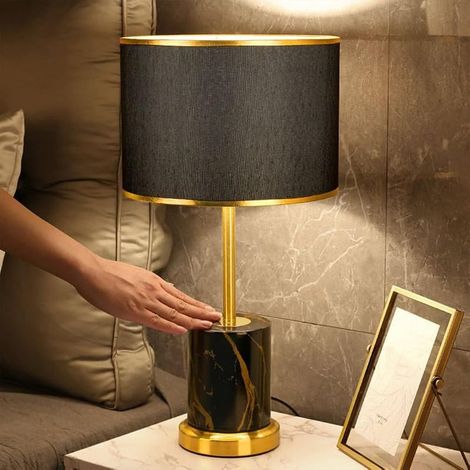 Lampe à Poser Moderne en Métal avec Abat-Jour en Tissu - Lampe de Table pour Salon, Salle à Manger, Bureau, Chambre - Style Nordique E27 avec Interrupteur à Cordon - Doré (Noir) (1/5)