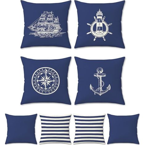 Nautical Maritime Cushion Cover 50 x 50 cm Double-Sided Anchor Compass Polyester Linen Decorative Blue Pillowcase for Living Room Home Outdoor Decoration 4 Pieces (1/5)