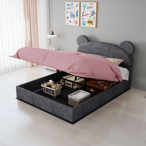 Lit rembourré moderne et minimaliste avec tête de lit souple en forme de dessin animé, 140x200 cm, gris, meuble de chambre multifonctionnel, sommier coffre haut avec mécanisme de levage à gaz, matelas (1/5)