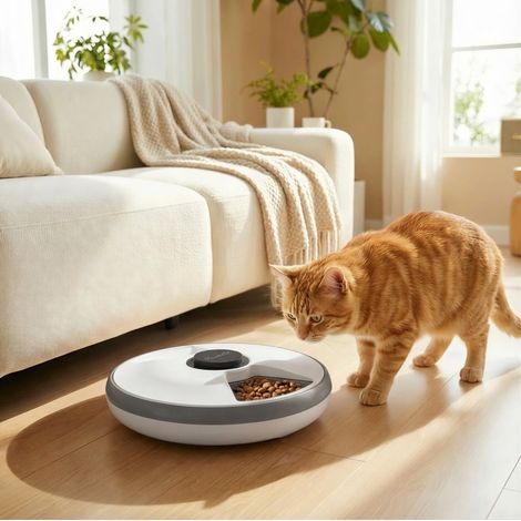 Distributore automatico per gatti 31,5x31,5x8,3 cm ABS grigio 6 pasti senza fili – MEUBLIV (1/5)