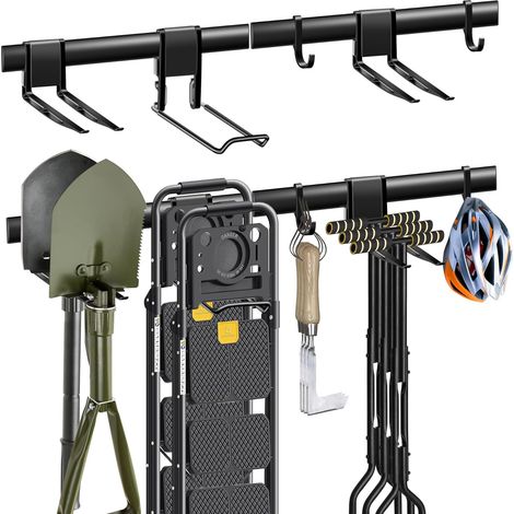 Lot de 2 porte-outils de jardin en acier de qualité supérieure - Avec 2 rails de 43 cm chacun et 5 crochets - Barre pour ranger outils, outils de jardin, équipements de sport - Garage et cave (1/5)