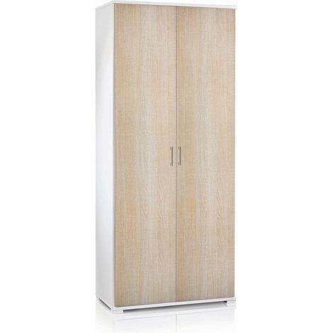 Dmora Armadio multiuso Alisso, Mobile lineare a 2 Ante battenti, Guardaroba a 4 ripiani regolabili, Scarpiera moderna, 100% Made in Italy, Cm 90x45h195, Rovere e Bianco, con imballo rinforzato (1/5)