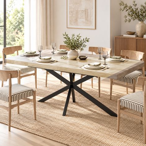 Table de salle à manger extensible 140-180x80 cm, plateau rectangulaire en MDF, rangement caché, pieds en X métal noir, pour 4-6 personnes - Naturel (1/5)