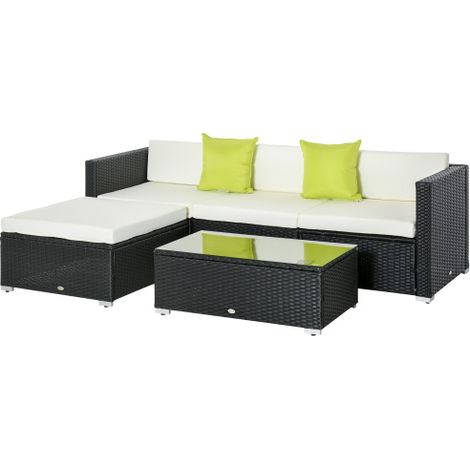 4-Seater Rattan Sofa Set Set Garden Outdoor Sectional Sofa Coffee Table Metal Frame w/Cushion Pillows-Black
