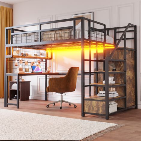 Lit mezzanine 140/200 cm noir en métal avec escalier de rangement et bureau intégré (1/5)