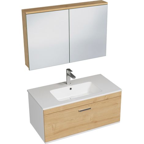 RUBITE Meuble salle de bain simple vasque 1 tiroir chêne clair largeur 90 cm + miroir armoire (1/5)