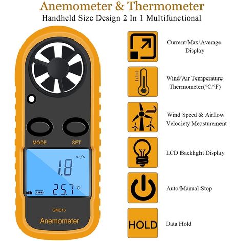 Anémomètre numérique GM816, indicateur vitesse vent, écran LCD, thermomètre portable
