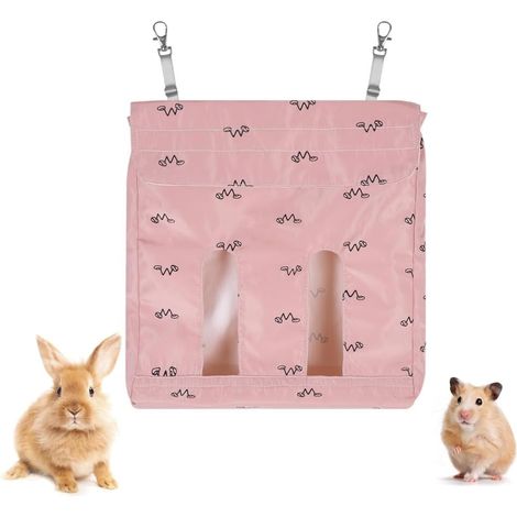 Small Hay Bag, Waterproof Hay Dispenser, Hanging Feed Bag with 2 Windows, Pink Feeder for Guinea Pigs, Rabbits, Chinchillas, Hamsters, Small Pets (1/5)