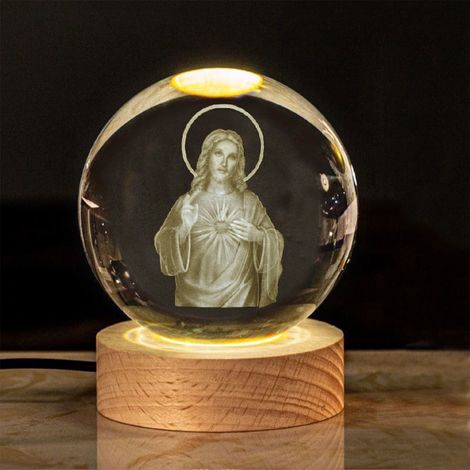 Veilleuse Boule De Cristal - Gravure Croix - Lumière Changeante - Support En Bois - Pour Chambre À Coucher Et Décoration Intérieure - 1 Pièce (1/5)