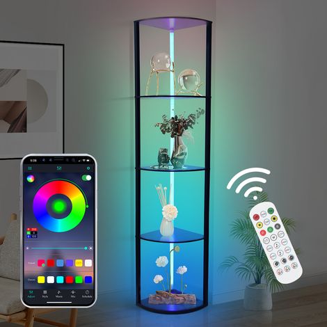 Eckregal mit RGB Licht, LED Standregal Bücherregal aus Holz, Dimmbar Stehlampe Stehleuchte, 4 Ebenen Aufbewahrungsregal für Zuhause, Wohnzimmer, Schlafzimmer, Büro, Schwarz (1/5)
