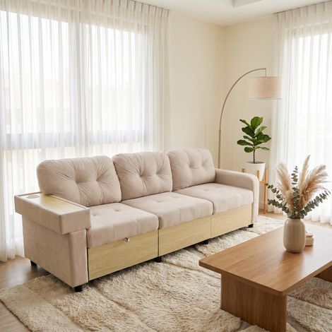 Canapé convertible d'angle en velours 3 places 228 cm, canapé droit avec ottomane extensible, USB, rangement et tablette bois, beige - côté droit (1/5)