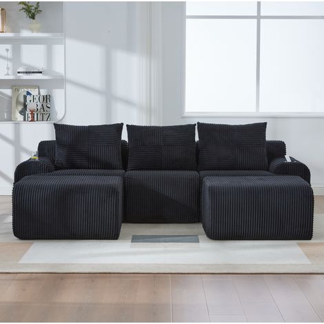 Divano modulare a 3 posti 268x174x80 cm, con portabicchieri e tasca laterale, in corduroy nero (1/5)