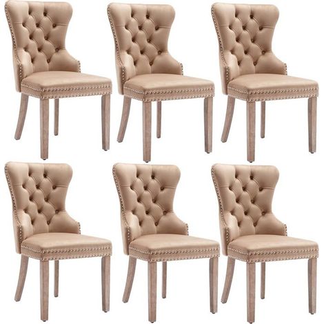 Lot de 6 chaises salle à manger velours marron - Pieds en bois massif, cloutées, réglables (1/5)