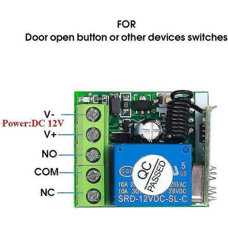 Récepteur relais RF 1 canal 12 V CC 433 MHz, télécommande sans fil universelle, émetteur 433 MHz. (1/4)