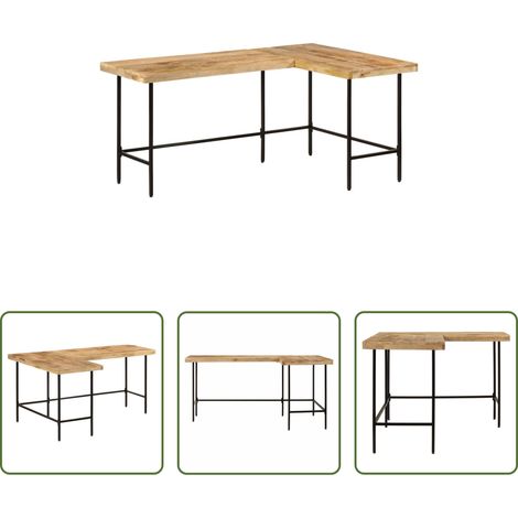 Bureau d'angle - Bureau 165x110x77 cm bois massif de manguier et fer (1/5)