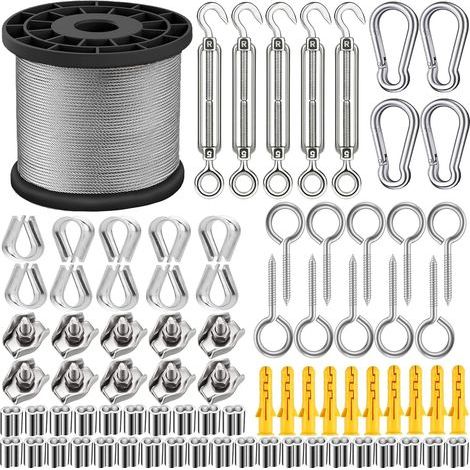 95PCS Corde en Acier Inoxydable à Suspendre Kit/Kit de câble de jardin/câble d'image/Kit de clôture/Câble métallique robuste en acier inoxydable 304, tendeur M5 de fil et crochet (50MM/165FT-1) (1/5)