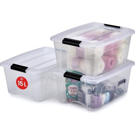 Boite Rangement Plastique avec Couvercle, 15L, Lot de 3, Transparent, Clips de Fermeture, Poignée, Empilable, Organisation Solide (1/5)