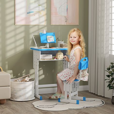Bureau scolaire réglable en hauteur pour enfants de 6 à 12 ans, avec pupitre et étagère. En acier et MDF. Bleu.