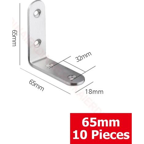 (65 x 65 x 18 mm 06) Lot de 10 équerres d'angle à 90° en acier inoxydable, fixations murales pour étagères, tables, chaises (1/5)