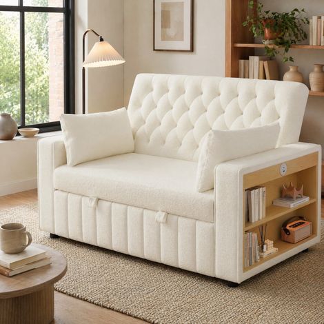 Divano letto 140/137/84 cm in beige con funzione letto, schienale regolabile e 2 cuscini (1/5)