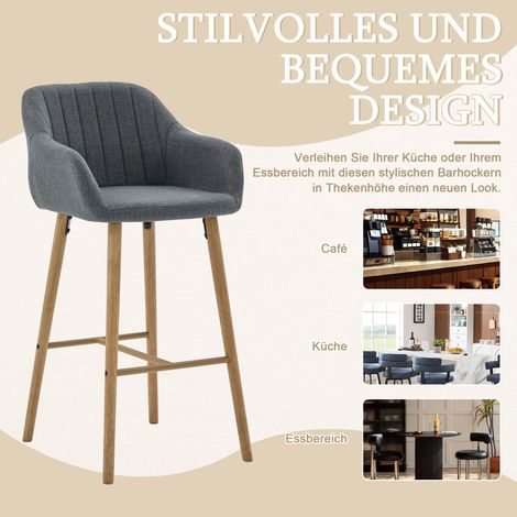 Tabourets de bar modernes style européen avec dossier et accoudoirs hauts,siège lin et pieds bois pour cuisine îlot espace à manger,lot de deux-Mi.