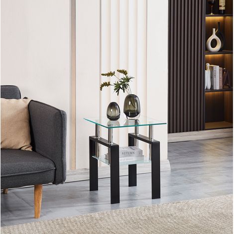 Set di 2 tavolini 45/45/52 cm in vetro temperato trasparente con ripiano (1/5)