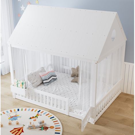 Lit enfant 140x200 cm blanc en bois avec détails fenêtre, toit et rangement intégré (1/5)
