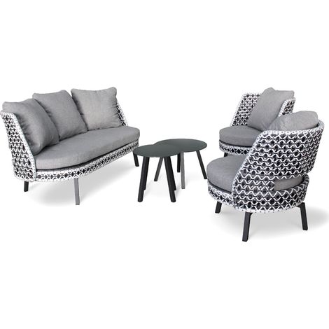 Dcb Garden – Salon de jardin bas 4 places – Coussins gris – Résine tressée tricolore – Fauteuils rotatifs – Résistant aux intempéries (1/10)