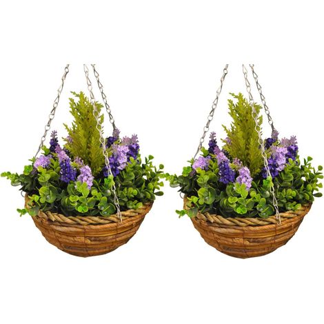 Set of 2 x Artificial Lavender & Eucalyptus Topiary Hanging Baskets (25cm) (1/5)