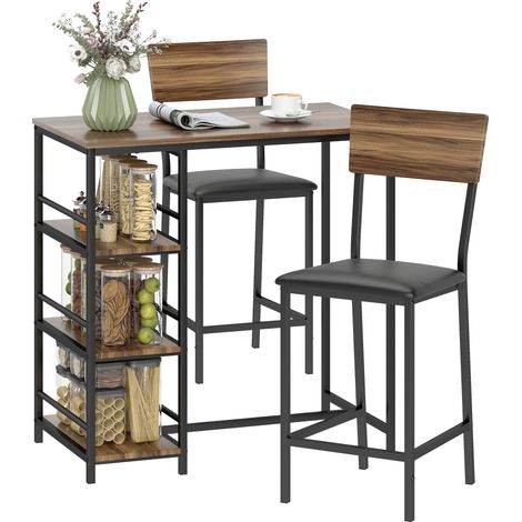 Table de bar à 3 niveaux et 2 tabourets dossier repose-pieds bois acier, coloris noir et noyer