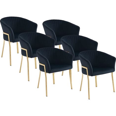 Vente-Unique – Lot de 6 chaises avec accoudoirs en velours 100% polyester – Structure en métal doré – Hauteur d'assise 48.5 cm – Intérieur (1/5)