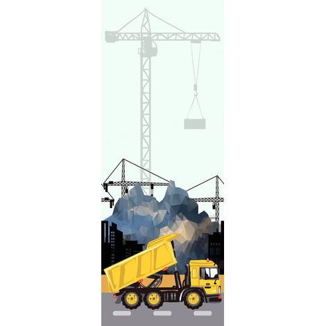 Papier peint panoramique gris, bleu et jaune | Tapisserie panoramique pour chambre de garçon | Papier peint panoramique graphique construction - 267 x 100 cm (1 pièce) (1/3)