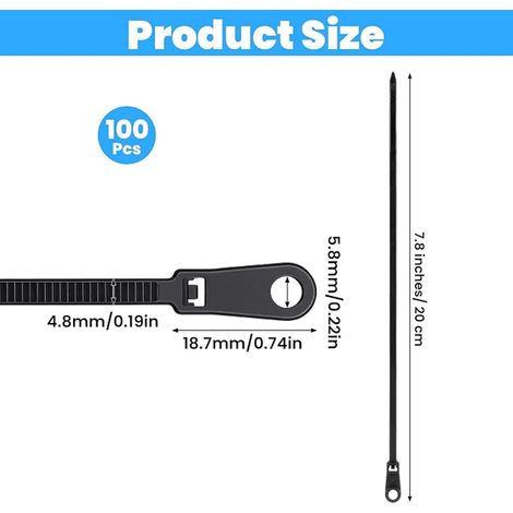 attaches de câble avec boucles, trou rond de 20 cm, auto-bloquant, peut être fixé avec des vis (1/4)