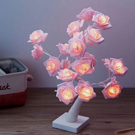 Lampe de bureau en forme de bonsaï rose, 24 LED, alimentée par batterie, luminaire décoratif pour salon et chambre à coucher (1/4)