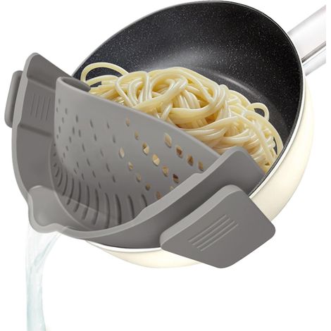 Colador con clip para todo tipo de ollas, colador de silicona, accesorio de cocina plegable para pasta, verduras, frutas y espaguetis (gris)