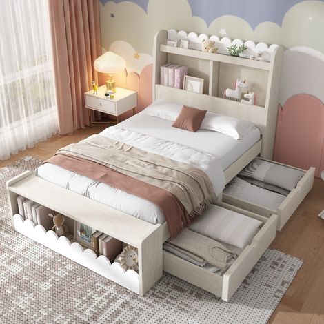 Lit enfant MDF et bois massif blanc et chêne clair 90x190 cm avec tiroirs, étagères, banc coffre et sommier inclus (1/5)