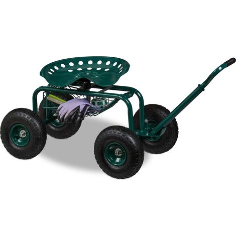 Relaxdays fahrbarer Gartensitz, höhenverstellbar, 150 kg, Stauraum, Rollsitz für Gartenarbeit, Stahl, Luftreifen, grün (1/5)