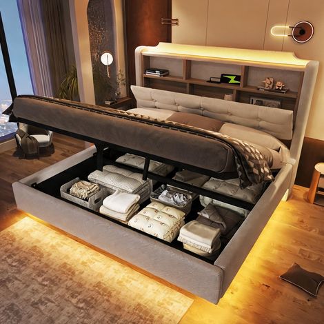 Cadre de lit beige en lin 217 x 141 x 110 cm (1/5)