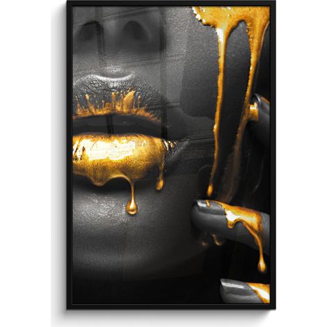 AFFICHE ENCADRÉE Femme - Noir - Or - Visage - Lèvres Decoration Murale Peinture 80x120 (1/5)